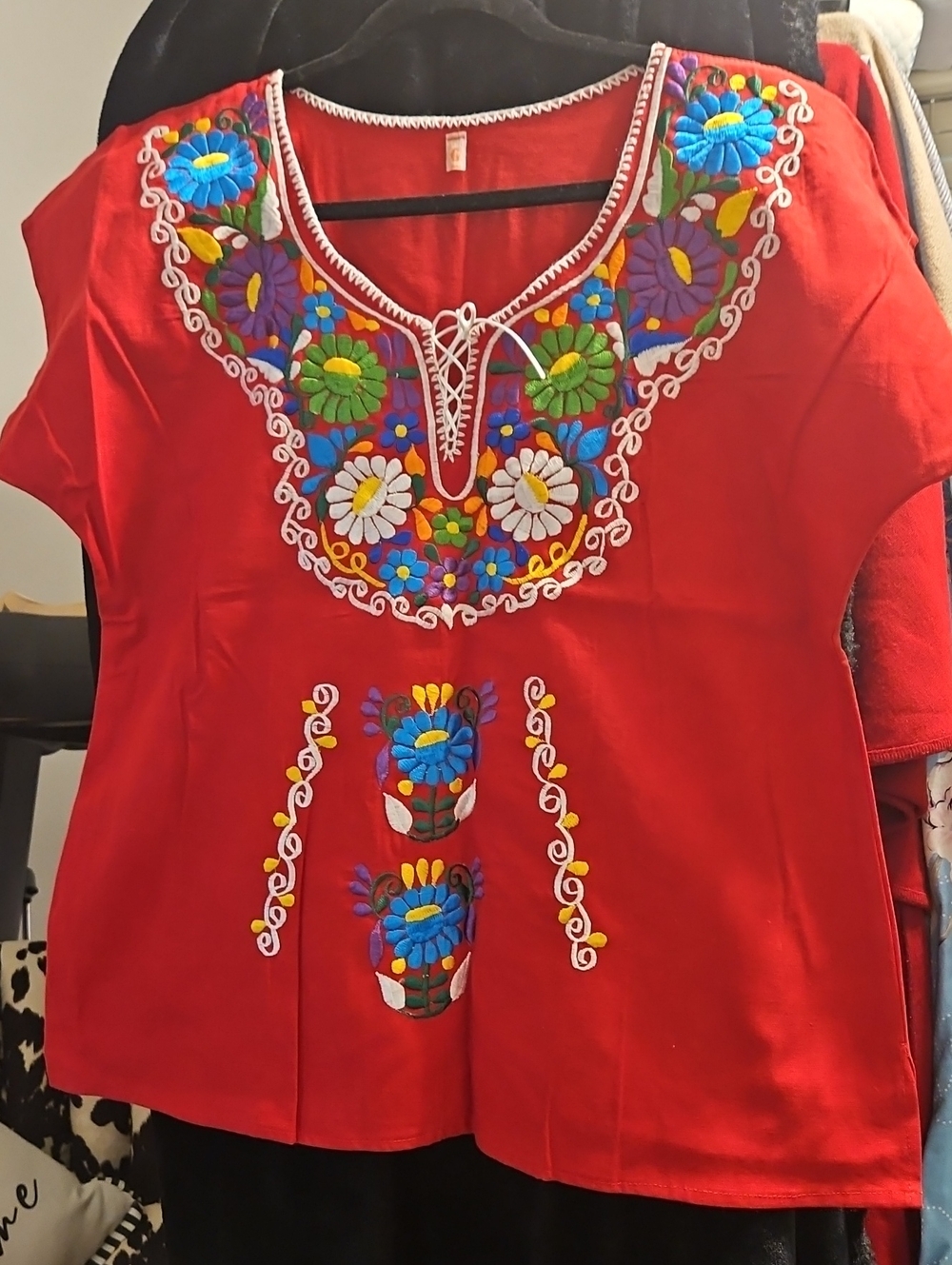 Mexican Embroidered Red Peasant Top - Floral Yoke